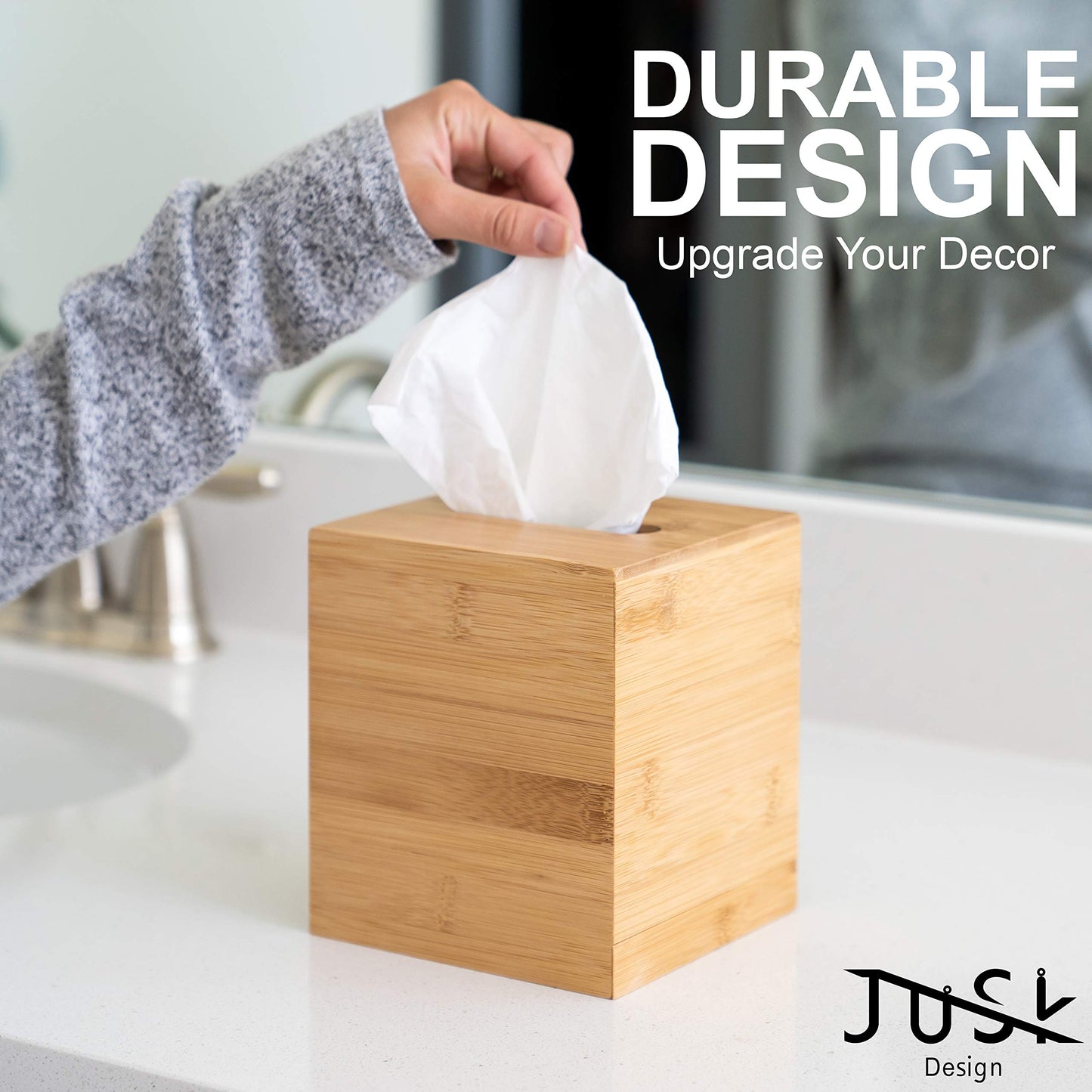 JUSK Design Tissue Box Holder - Modern, Minimalist, Durable Wooden Bamboo Box with Sliding Bottom, Easy-Refill - Premium-Quality Bamboo Cover, Square