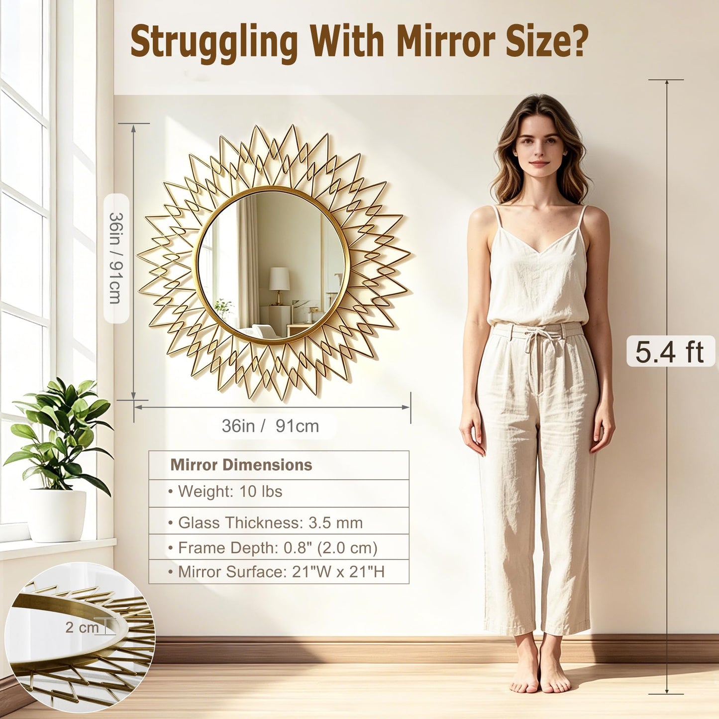 Qiqiong 36" Large Gold Sunburst Wall Mirror - Mid Century Modern Round Starburst Mirror with Metal Radiating Frame - Statement Decorative Wall Art for Living Room, Entryway, Fireplace Mantel