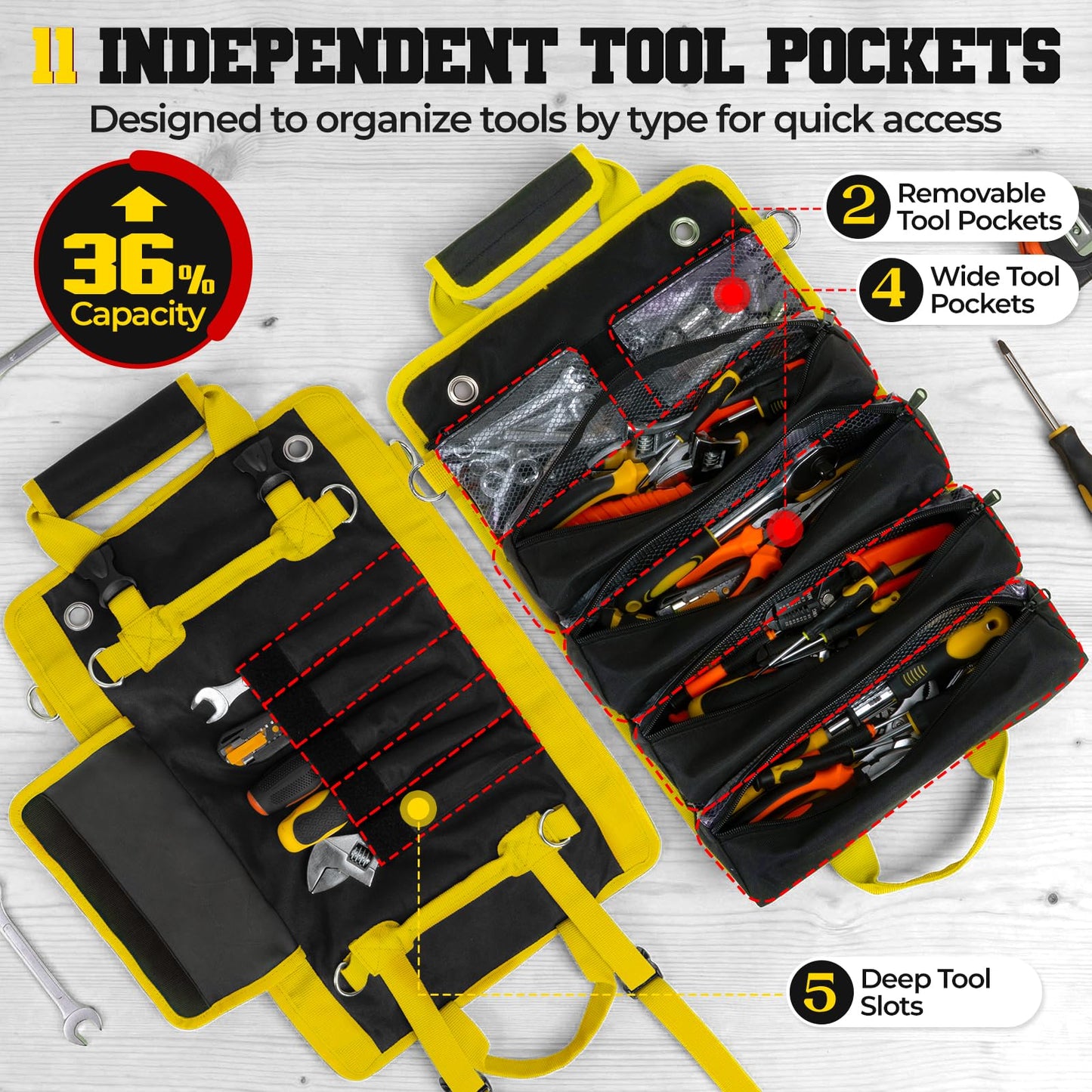 ZICANYCO Roll Up Tool Bag, Heavy Duty See-Through Tool Roll Organizer with 2 Detachable Pouches, Portable Mechanic & Motorcycle Tool Bag, Birthday & Father’s Day Gift, Yellow