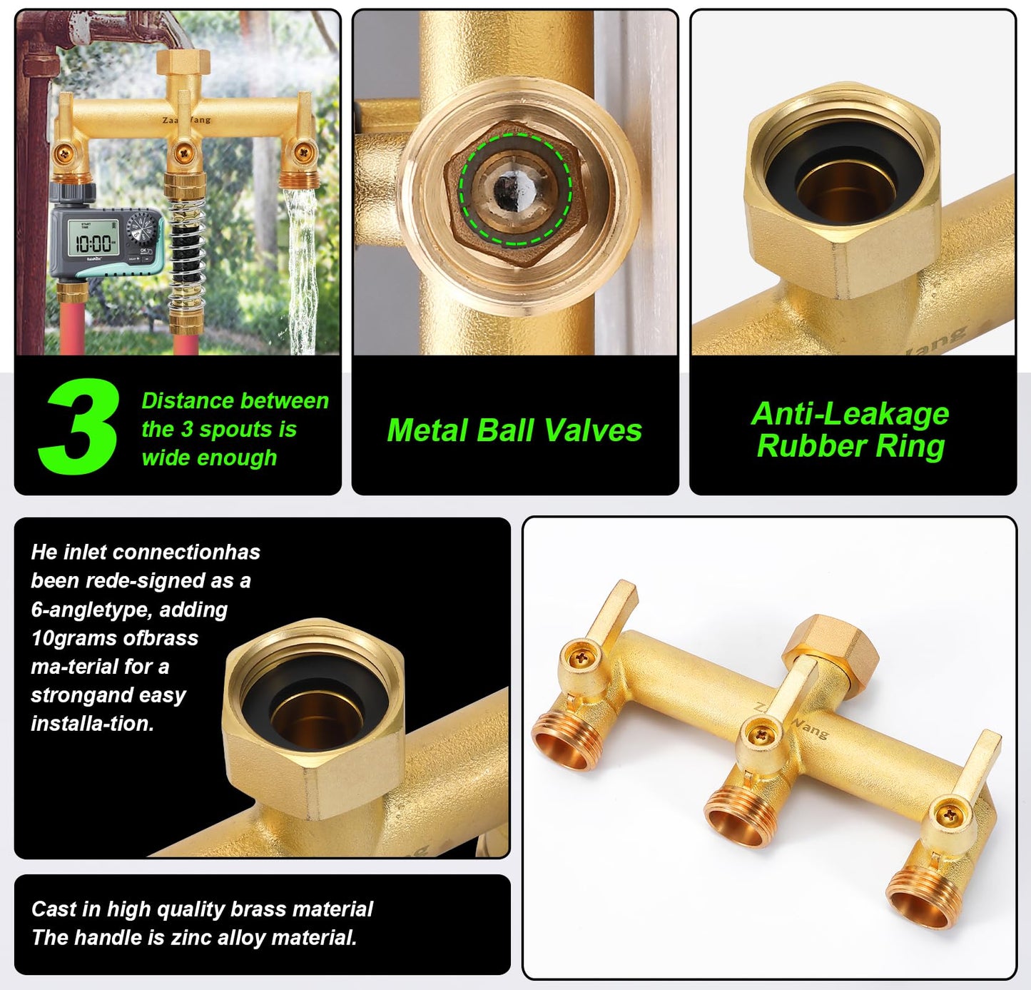 Heavy Duty 3-Way Garden Hose Splitter with Shutoff Valve and Long Handle Outdoor Faucet Diverter, 3/4’ GHT Threads