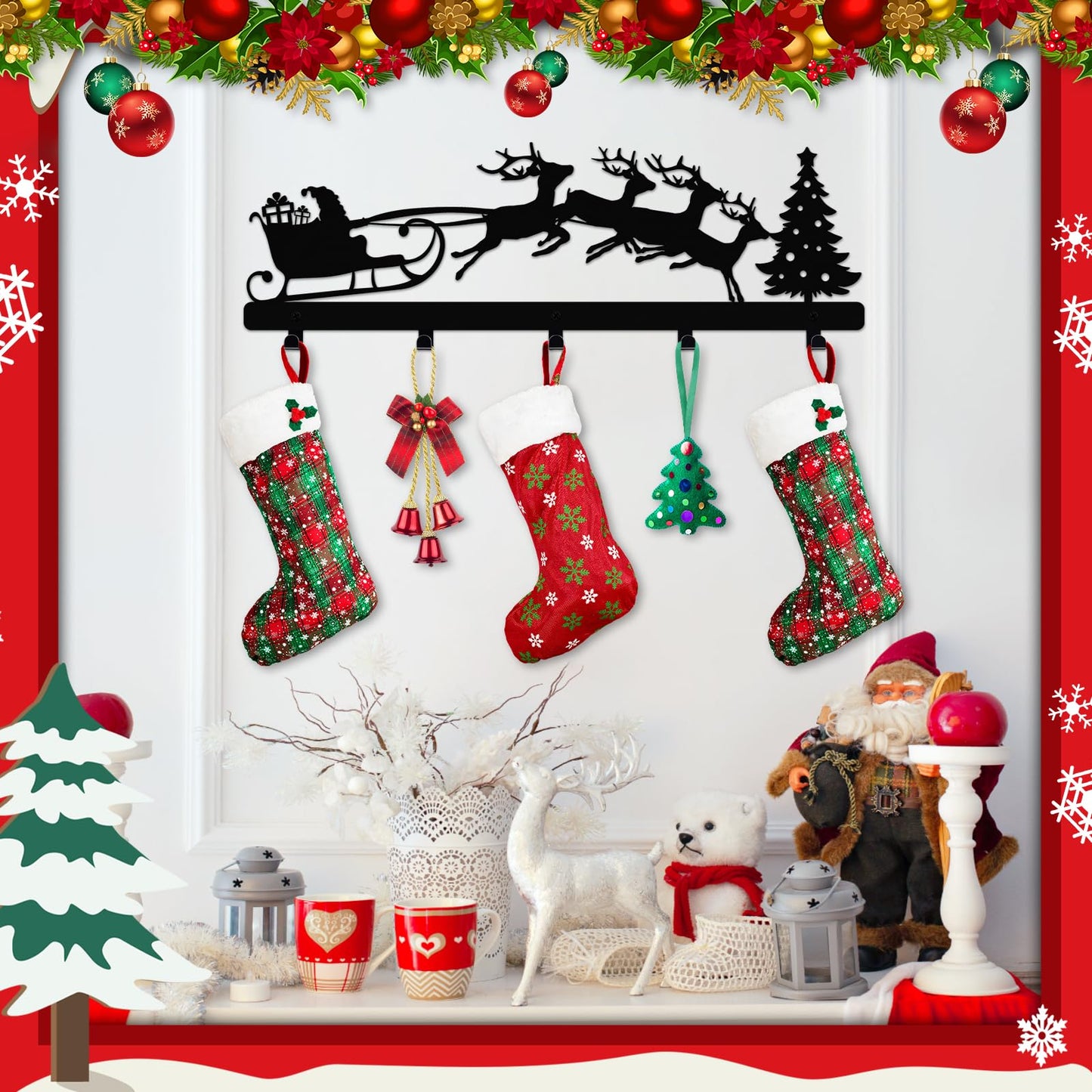 POILKMNI Christmas Stocking Holder, Metal Hanging Sign with 5 Hangers for Fireplace Mantel, 17 Inch, Black