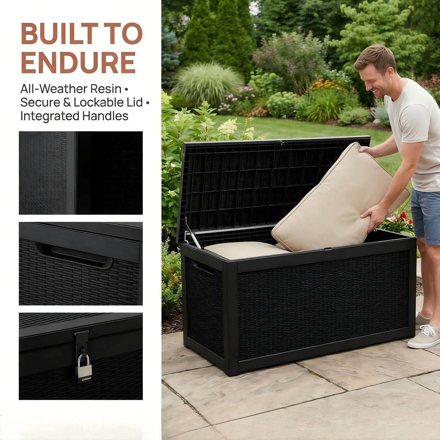265 Gallon Resin Deck Box Outdoor Storage Chest, Large Waterproof Patio Storage Box All-Weather Garden Storage Container for Cushions, Pool Supplies, Yard Tools – Easy Assembly, Lockable Lid