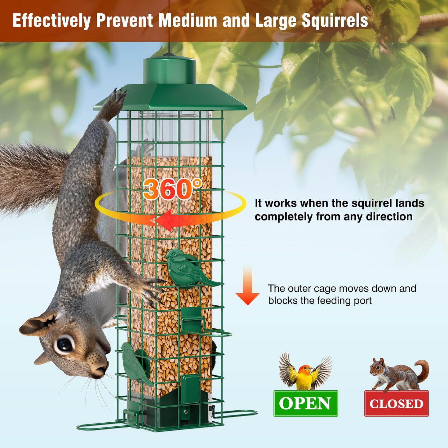 GAINSEN Squirrel Proof Bird Feeder, Metal Bird Feeders for Outdoors Hanging, Weight Activated, 3Lb Capacity, 4 Ports, All-Weather Tube Bird Feeder for Outside, Cardinal Finch Bluebird Wild Bird Feeder