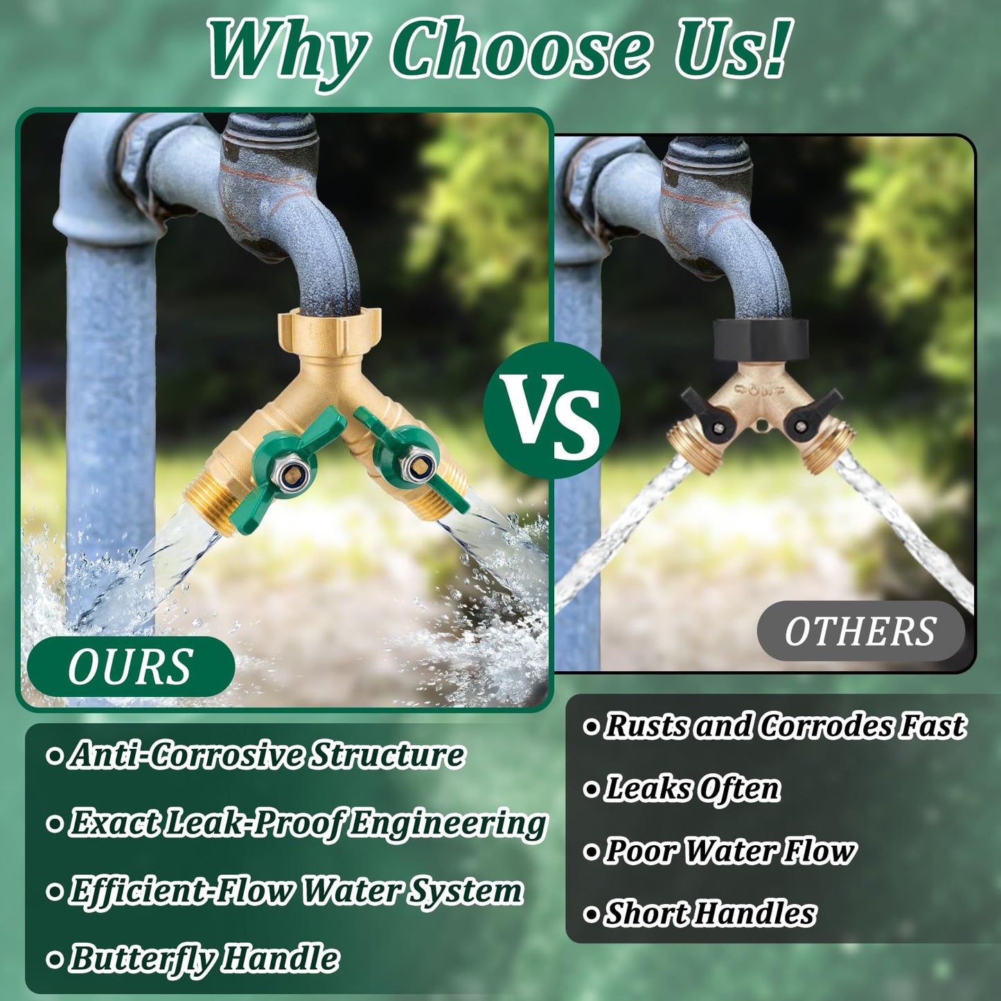 Garden Hose Splitter 2 Way, Heavy Duty Brass Hose Splitter, 3/4" GHT Hose Y Splitter with Shutoff, Full Flow Outdoor Faucet Splitter, Water Hose Y Valve Tap Adapter