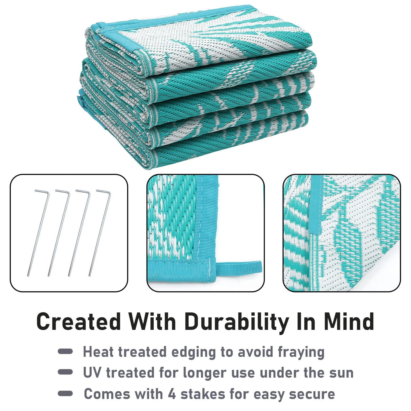 HiiARug Outdoor Rug for Patios Clearance, 6x9 Waterproof RV Rugs for Outside, Reversible Plastic Straw Mat Large Quick Drying Outdoor Rugs for Deck Trailers Campers Porch Beach Backyard,Teal & White