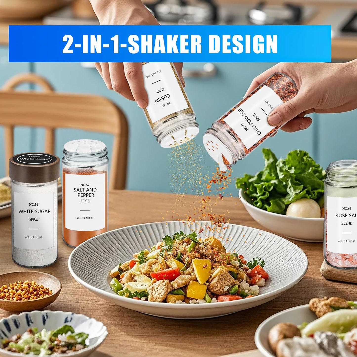 VIBRATITE 30 Pack Spice Jars with Acacia Lids, 4 oz Round Glass Jars Spice Containers Set with Labels, Pen, Funnel, Seasoning Storage Bottles with Shaker Lids for Rack, Cabinet, Drawer
