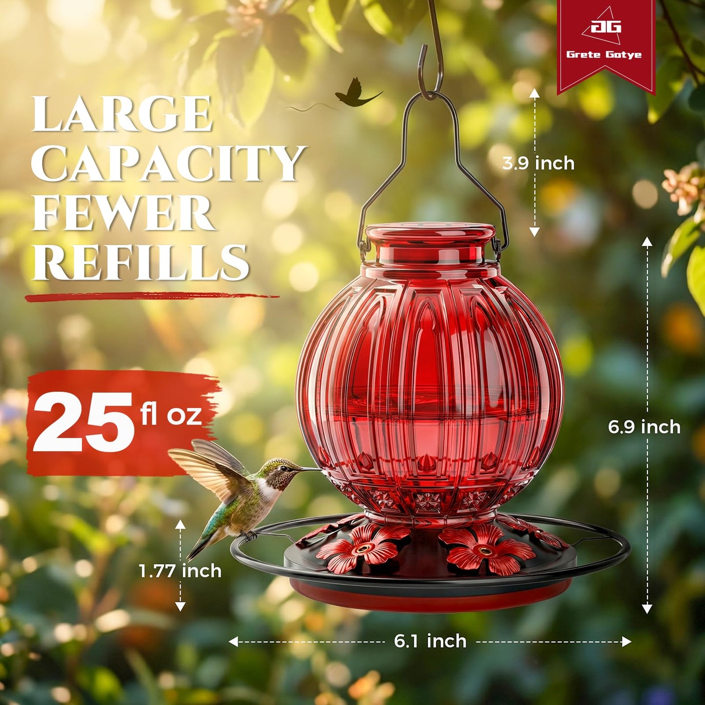 Glass Hummingbird Feeder for Outdoors Hanging, 24Oz Bird Nectar Feeder with Perch & 5 Flower Feeding Ports, Leak Proof for Outside Garden Decor Backyard, Gifts for Women Mom, Red