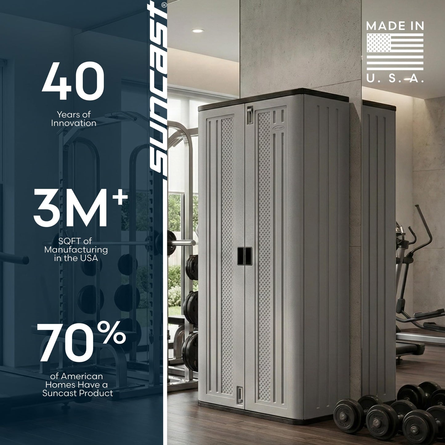Suncast Tall Storage Cabinet, Platinum Resin Garage Storage Cabinet with Doors & Shelves, Plastic, Lockable, Freestanding Utility Closet for Tools & Supplies, Made in USA