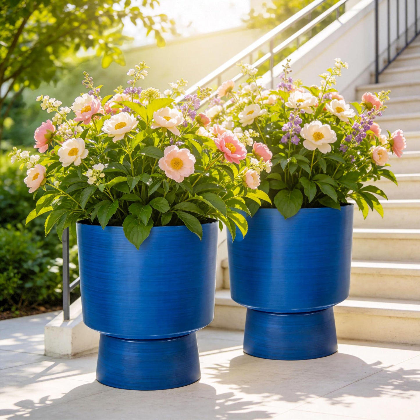 Ultym 16.8" 2-Pack Urn Planters for Outdoor Indoor Plants, Modern 2-in-1 Large Flower Pots with Detachable Base, Drainage Holes, Weather-Resistant for Garden Patio Home Office Decor, Brushed Blue