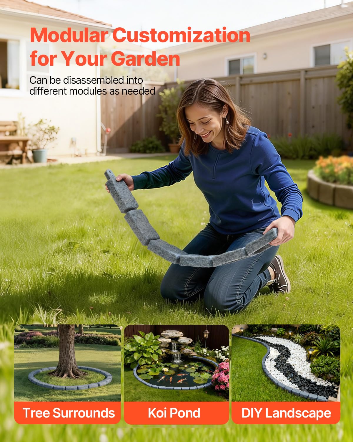 VEVOR Faux Stone Landscape Edging, No Dig Garden Edging Border, Flexible Blocks for Lawn Edging, Flower Beds, Driveway, Yards with 12 Spikes, 4 Pack 24 Bricks 16FT Kit, 46.5" Lx 3.7" W x 2.2" H, Grey
