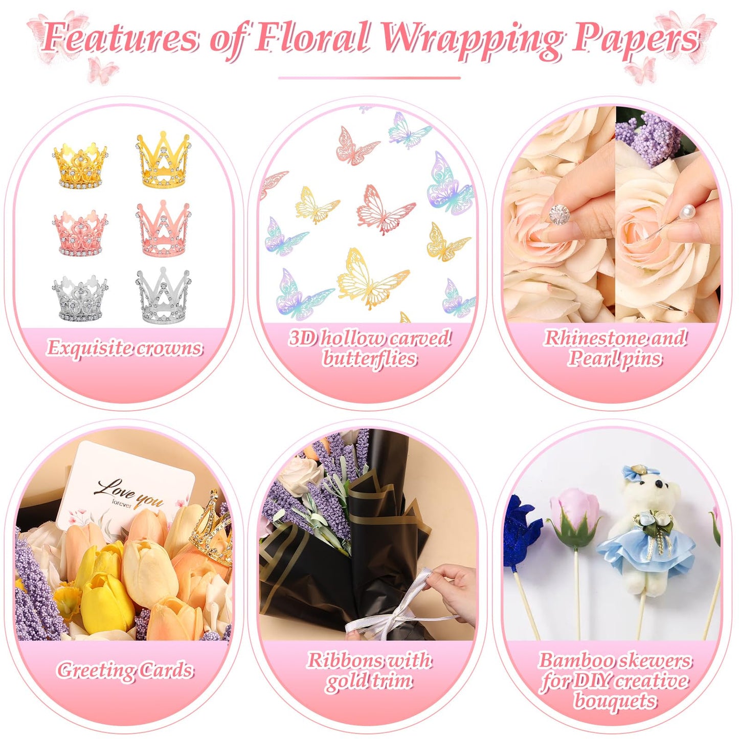 276 PCS Flower Wrapping Paper Bouquet Kit, 30 Sheets Waterproof Floral Wrapping Paper With Ribbons, Flower Pearl Pins, Bamboo Skewers, 3D Butterflies Crowns for Florist Craft Mother's Day Birthday