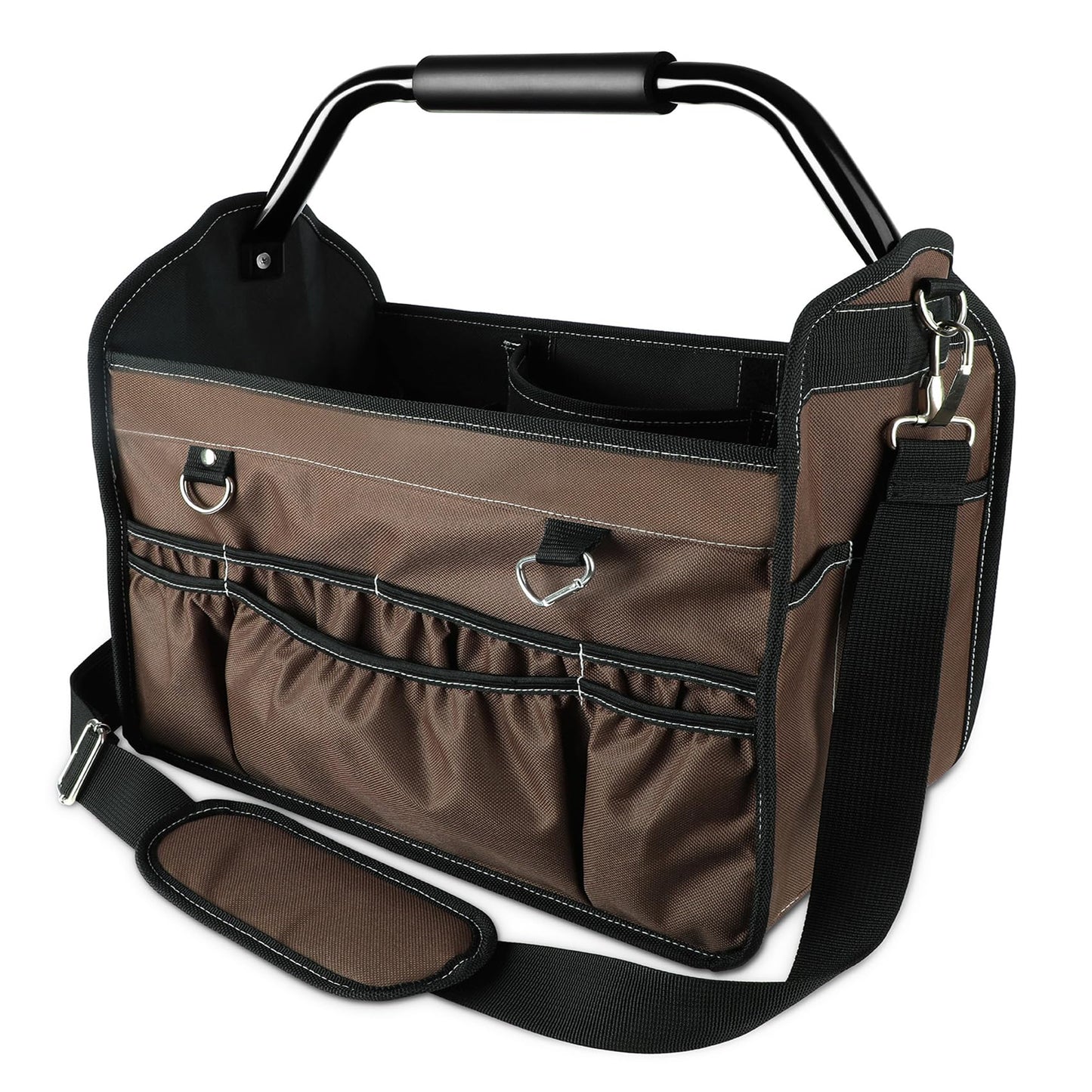 KUNLUN 17-Inch Open Top Tool Bag, Electrician Tool Bag, Tool Tote Bag Organizer for Easy Tool Access, 33 Pockets Foldable Tool Carrier with Rotating Steel Handle and Removable Shoulder Strap, Brown