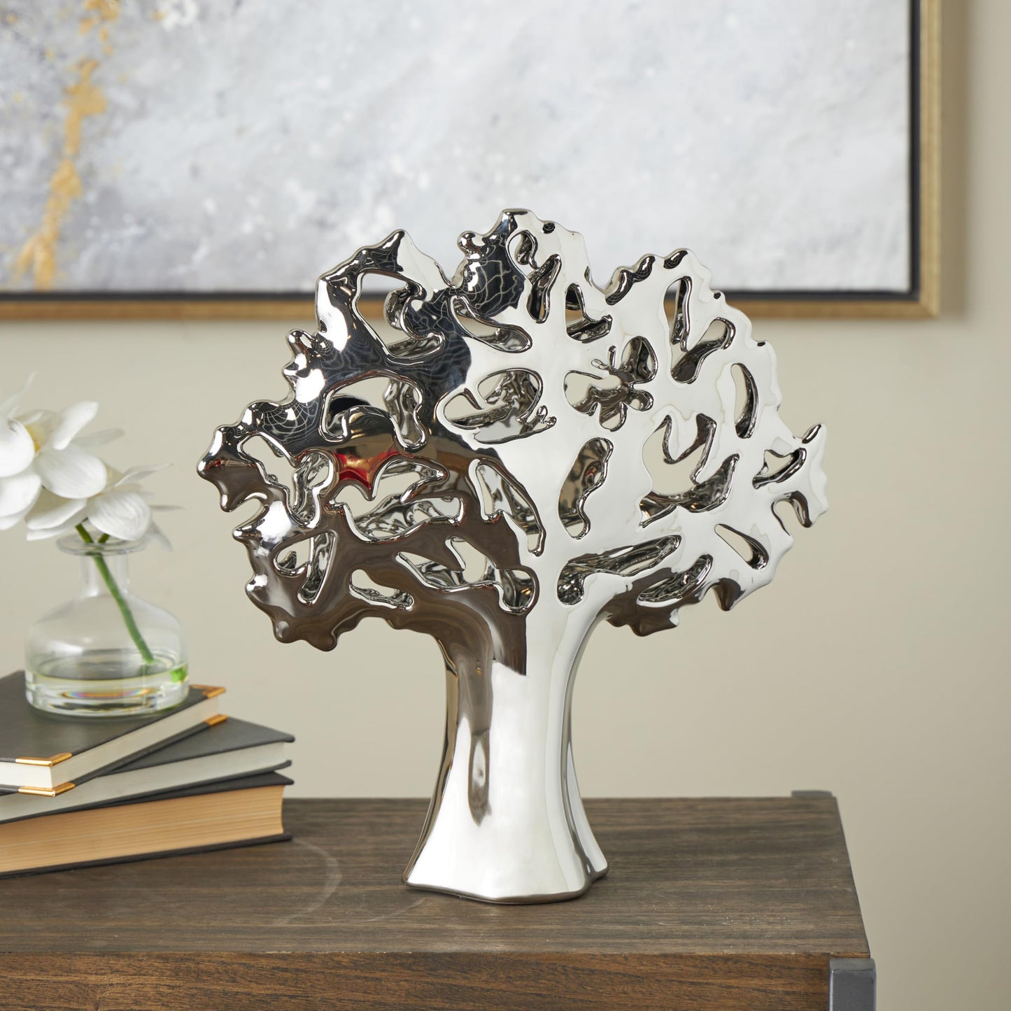 Deco 79 Ceramic Tree Decorative Sculpture Glossy Home Decor Statue with Abstract Cutouts, Accent Figurine 15" x 5" x 16", Silver