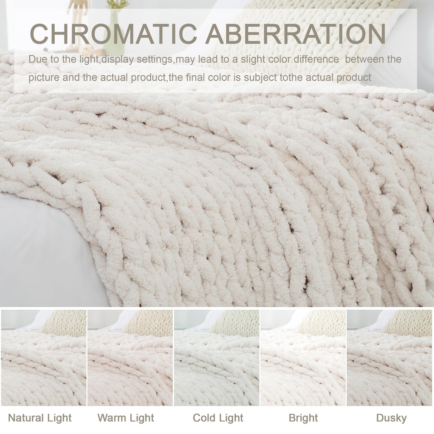 LONG CREATE Chunky Knit Throw Blanket 50"X 60", 100% Handmade with Soft Chenille Yarn, 4.4lbs Thick Cable Knitted Blankets, Large Rope Knot Crochet Throws for Couch Sofa Bed Home Decor, Cream White