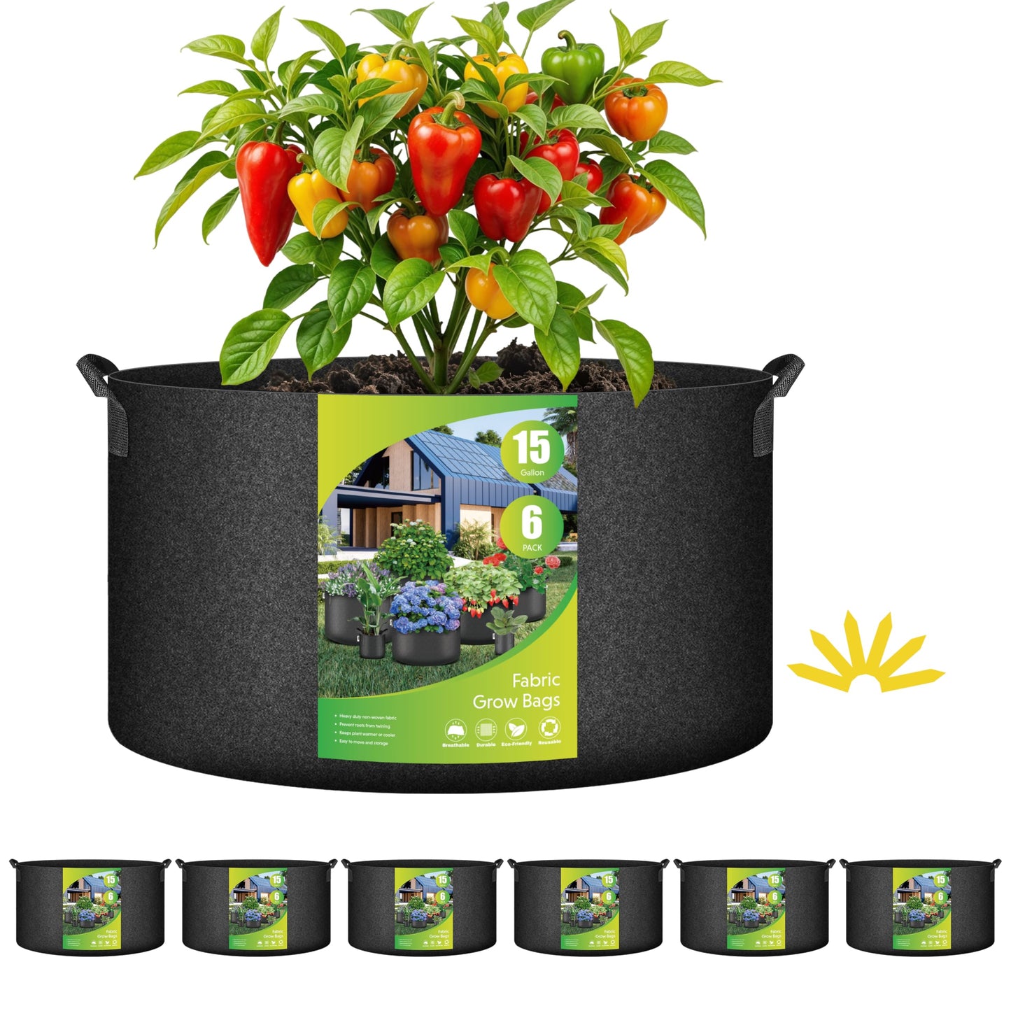 HealSmart 15 Gallon 6 Pack Nonwoven Grow Bags, Aeration Fabric Pots with Handles, Heavy Duty Garden Grow Pots for Tomato Vegetables Flowers, 6 Plant Labels, Black