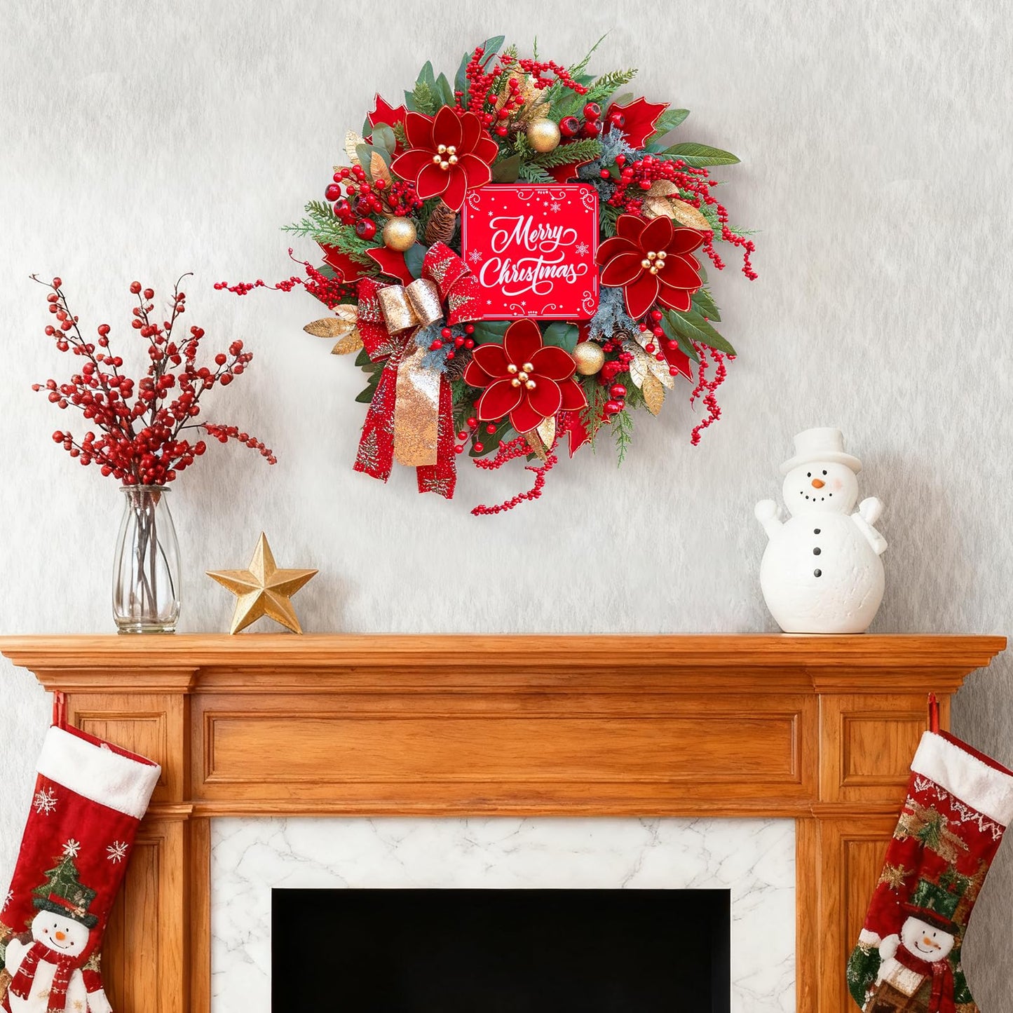 Christmas Wreath with Lights, 24 Inch Lighted Christmas Wreath for Front Door, Winter Wreath with LED Lights, red Berries, Pinecones, Gold Ball, Red Bow, Merry Christmas Sign for Indoor or Outdoor