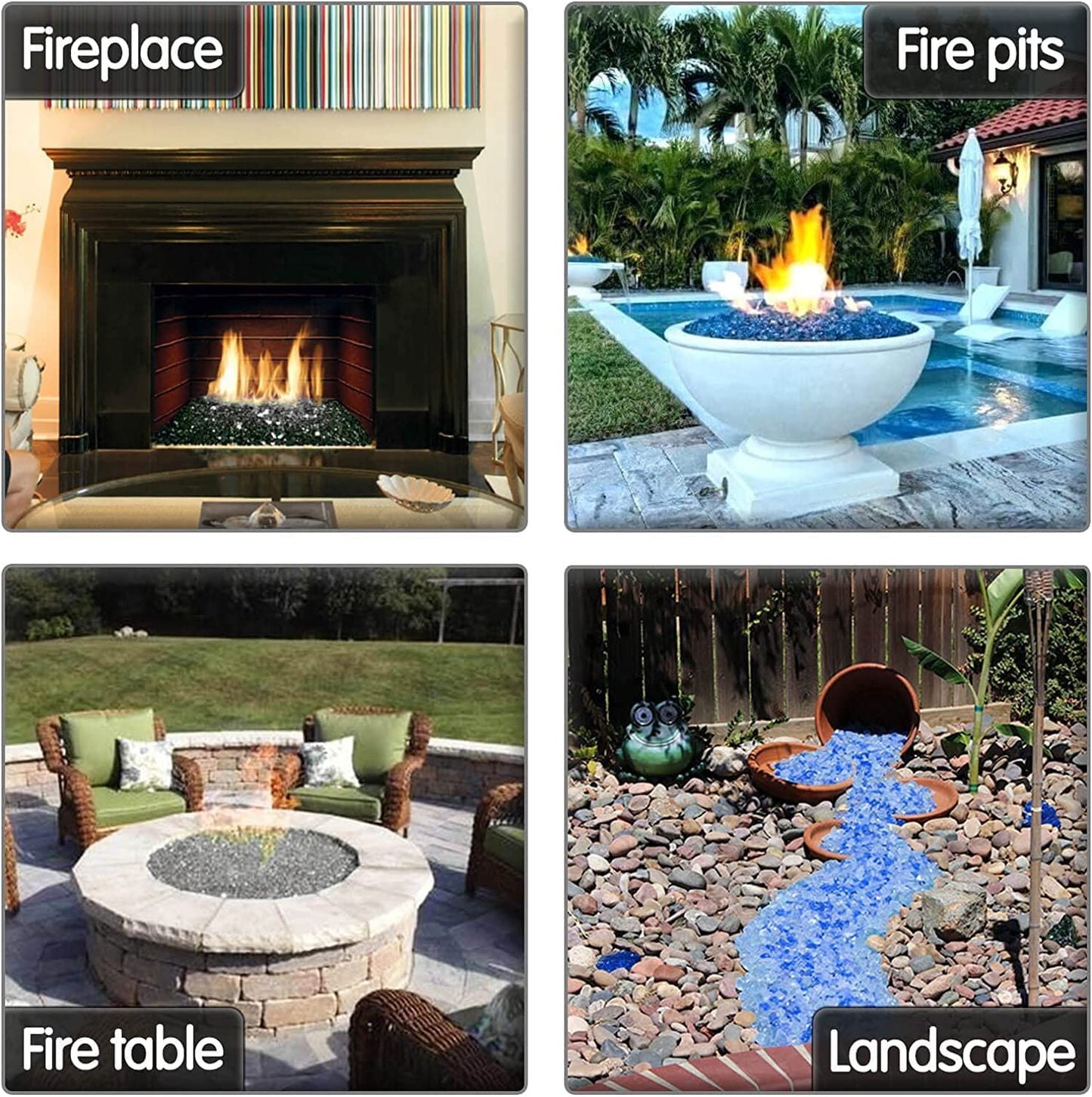 Grisun 10 Pound Fire Glass for Fire Pit - 1/2 inch Reflective Fire Glass Rocks, Decorative for Fireplace and Fire Table, Blend of Cobalt Blue, Caribbean Blue and Platinum