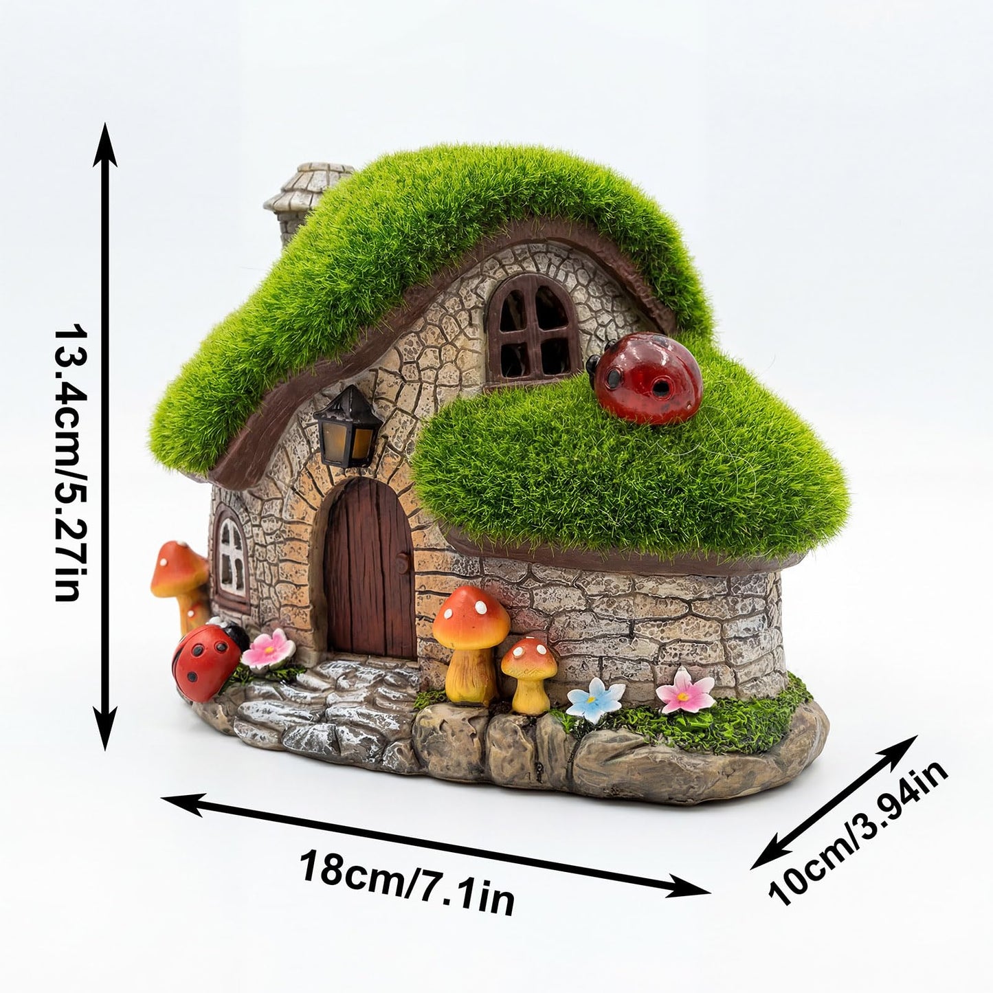 Solar Fairy Garden House Accessories, Outdoor Garden Statues with Ladybug Lights & Mushroom Gardening Gifts for Women, House Sculpture Figurine Outside Garden Decorations for Yard Patio Lawn Decor