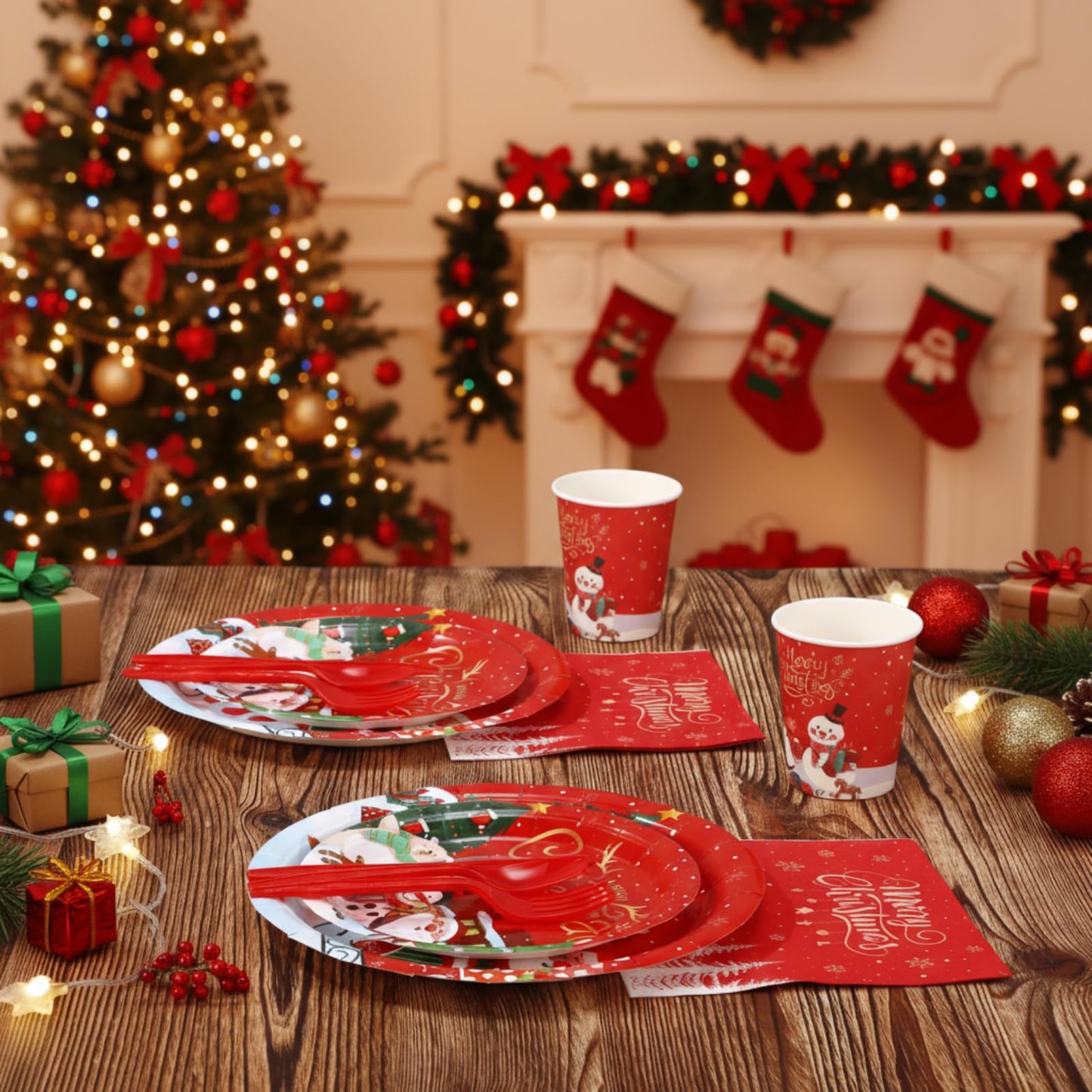 Maxdot 500 Pcs Christmas Party Supplies Merry Christmas Paper Plates Cups Napkins and Cutlery Set Disposable Xmas Party Tableware Set for Holiday Winter New Year Decoration Serves 50 Guests