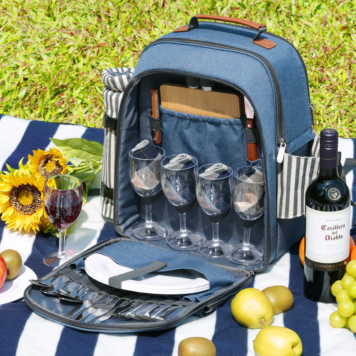 Sunflora Picnic Backpack for 4 Person Set Pack with Insulated Waterproof Pouch for Family Outdoor Camping(Blue & Stripe)