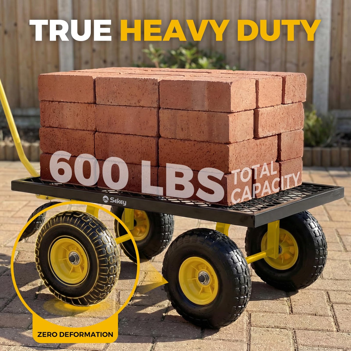 Sekey 600lbs Steel Mesh Garden Cart for Patio & Backyard, Utility Wagon with Removable Sides (Convertible Flatbed), 10" Rubber Tires, Black