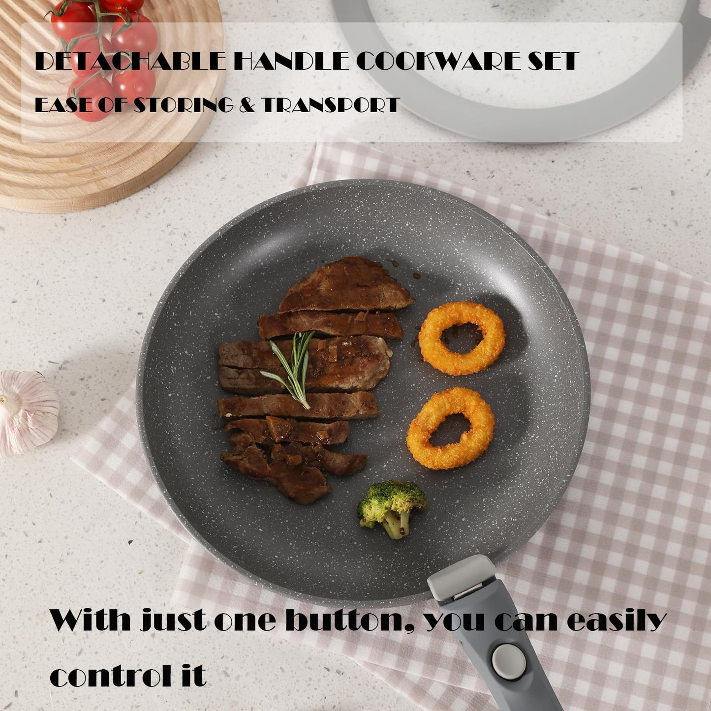 Vkoocy Gray Non Stick Pot and Pan Set with Removable Handle, Ceramic Cookware Set Detachable Handle, 5pcs Induction Kitchen Camping Stackable Pots Pans, Dishwasher/Oven Safe, PTFE/PFAS/PFOA Free