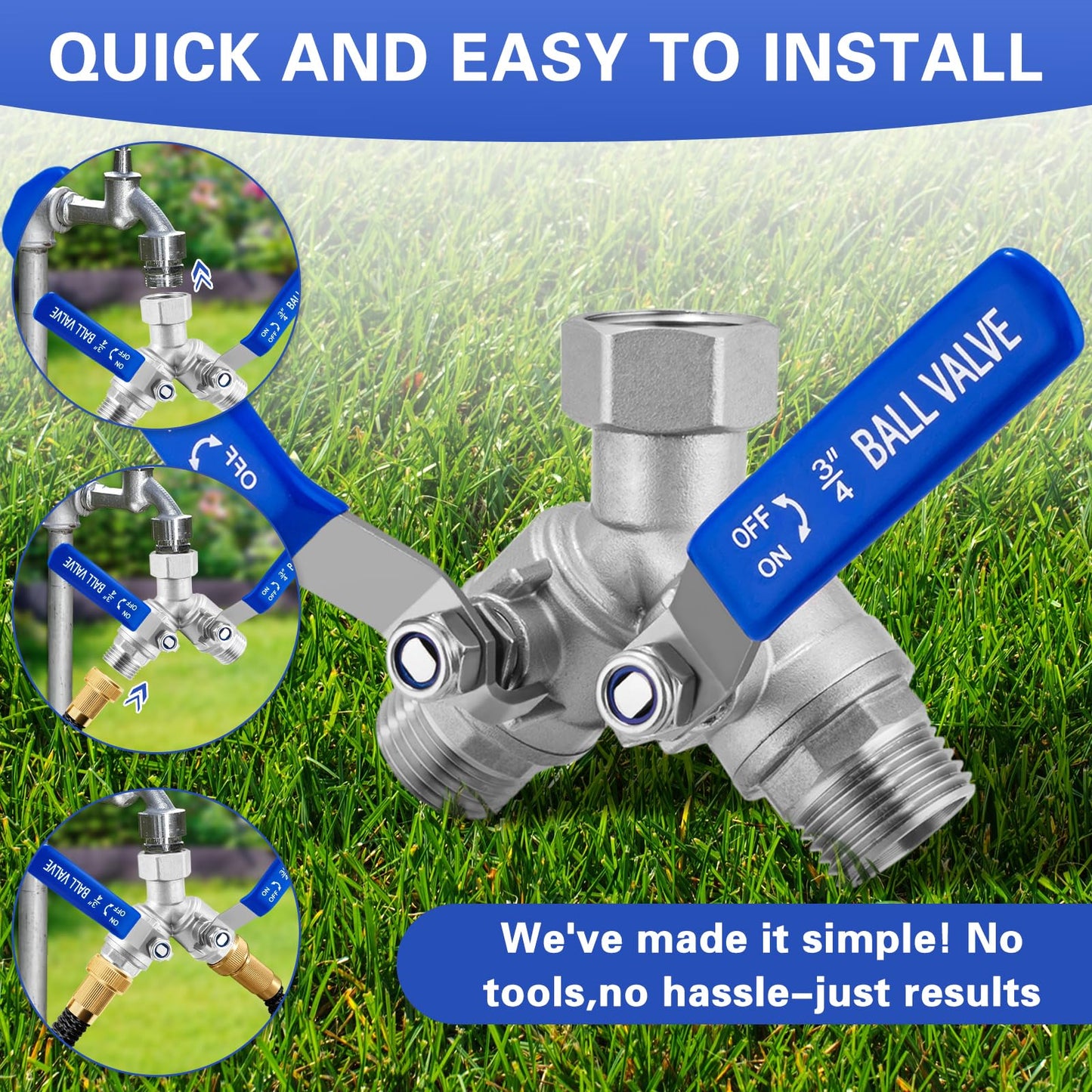 Garden Hose Splitter, 304 Stainless Steel 2 Way Hose Splitter with Long Handle, Heavy Duty Hose Y Spigot Splitter with Shutoff Valves, 3/4" GHT Thread Outdoor Faucet Splitter