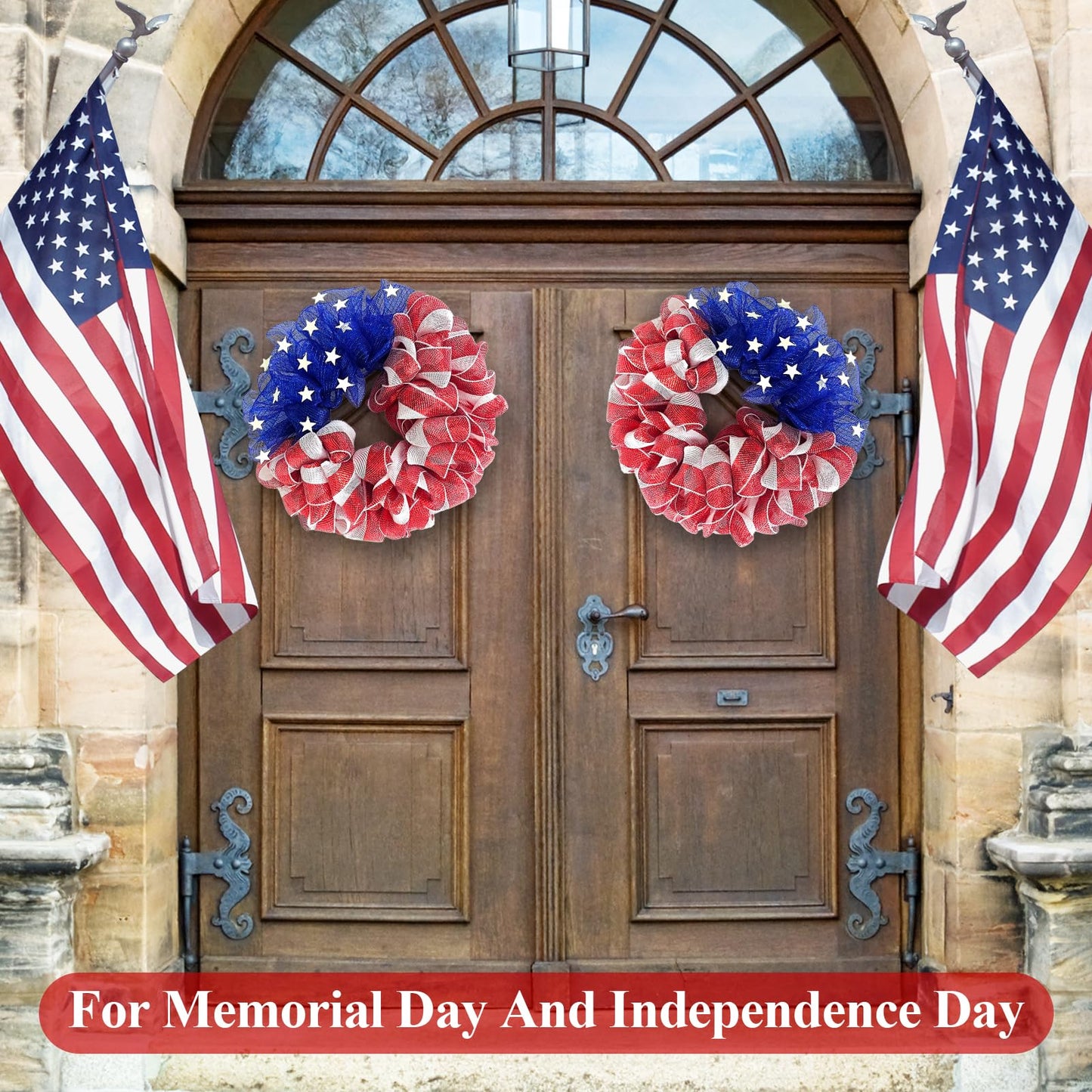 26 Inch Mesh Patriotic Front Door Wreath, 4th July Independence Day Wreath for Summer America Patriotic Flag Burlap Farmhouse Decor, Memorial Day Americana Front Window Hanging Decor