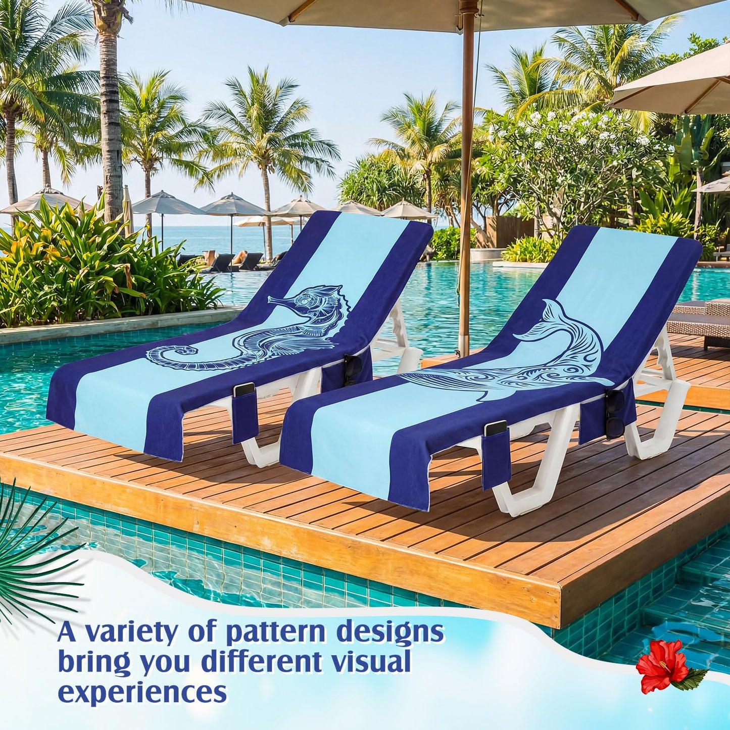 Hillsuren 2 Pcs Pool Lounge Chair Towel Cover with 3 Pockets, 85 x 30 Inch Beach Pool Chair Towels Microfiber Chaise Lounge Covers for Outdoor Summer Sunbathing Beach Garden Lounger(Haima Whale)