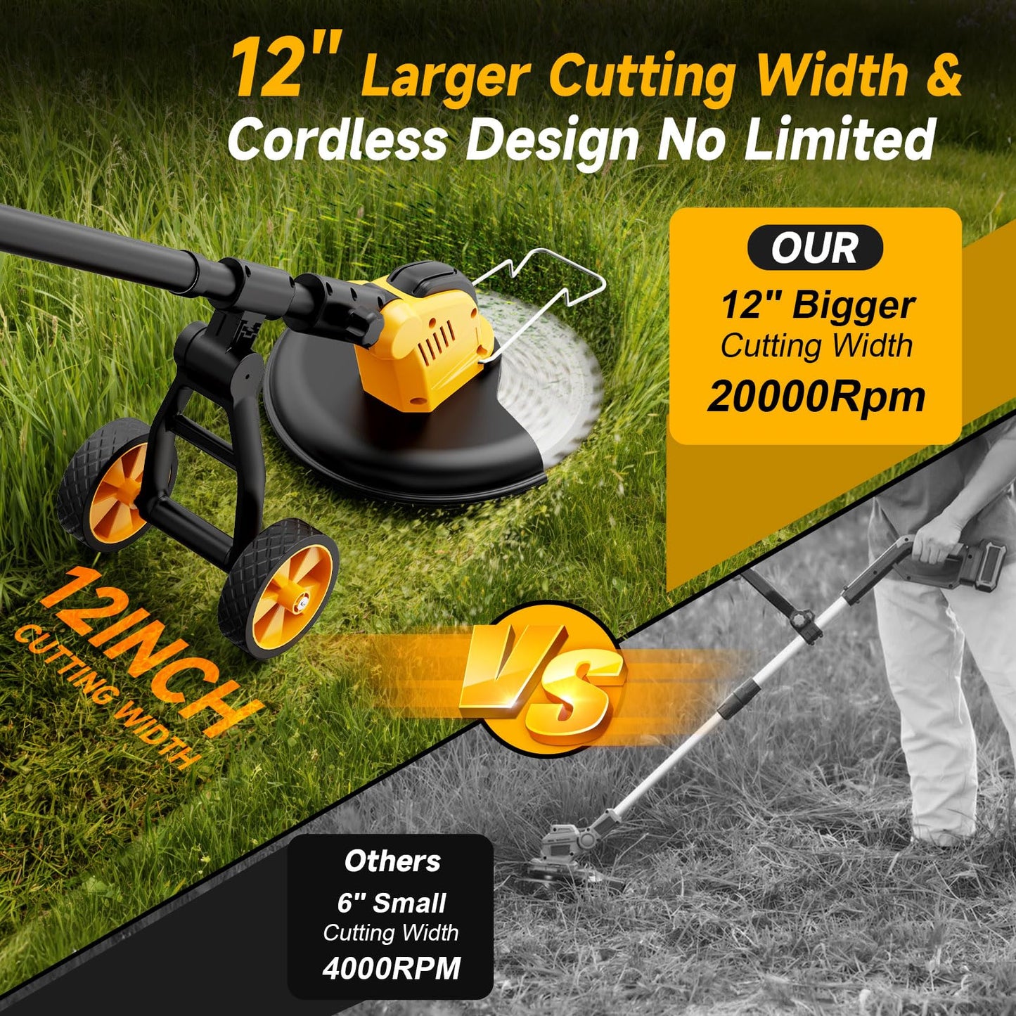 20000 RPM Brushless Battery Weed Wacker Cordless, 6000mAh Electric Weed Eater Battery Powered, Heavy Duty Brush Cutter Edger Lawn Tool/Weed Trimmer/Grass Trimmer W/Wheel Metal Blade, 2 Battery