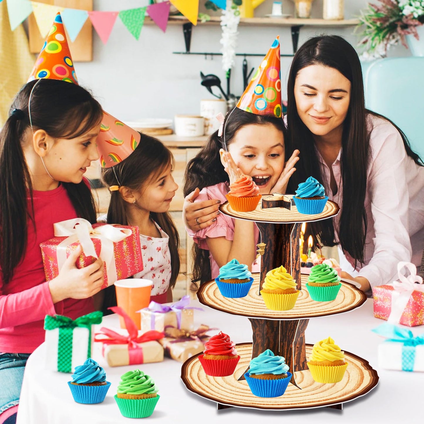 Wooden 3 Tier Cupcake Stand Decoration - Rustic Wood Cupcake Stand Decor for Camping, Birthday, Safari Party Supplies