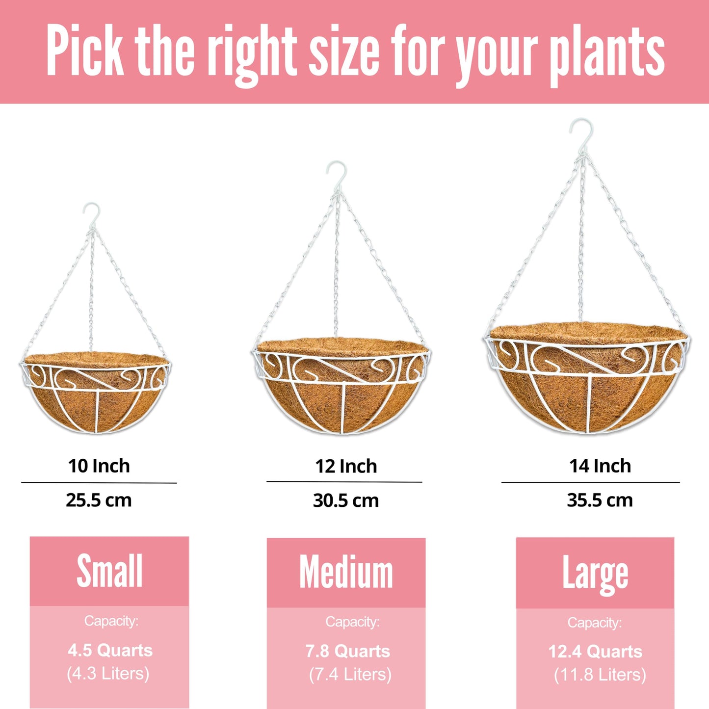 LaLaGreen Hanging Planter for Outdoor Plants (2 Pack, 12 Inch) White Hanging Baskets with Coco Liner, Metal Wire Flower Basket Pots with Hook Hanger Balcony Porch Farmhouse Country Style Garden Decor
