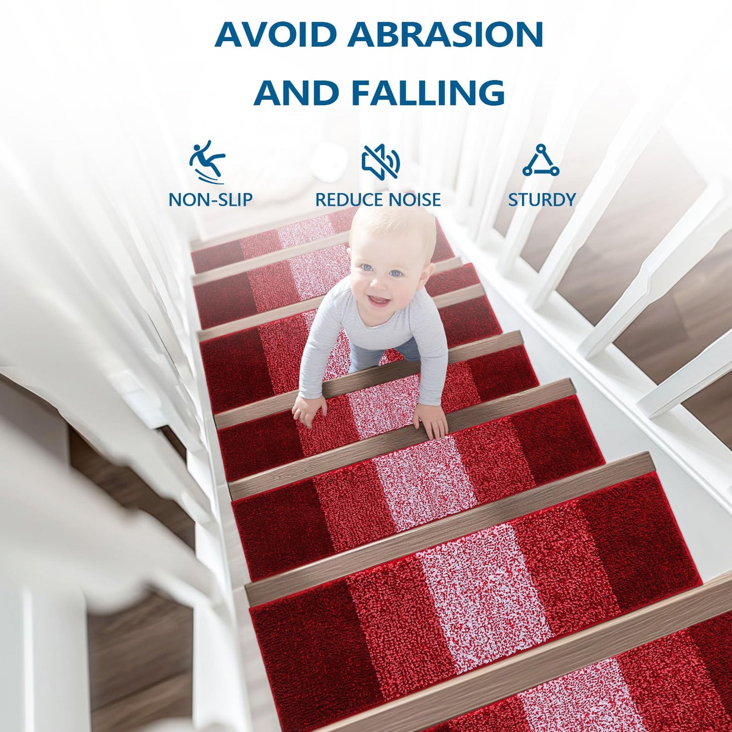 OLANLY Stair Treads Non Slip 15PCS, 8" x 30" Indoor Stair Runners for Wooden Steps, Edging Stair Rugs with Reusable Peel and Stick Adhesive for Kids Elders and Pets, Burgundy
