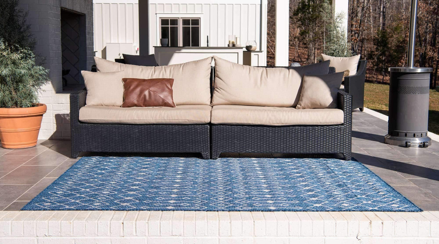 Unique Loom Outdoor Trellis Collection Area Rug - Tribal Trellis (8' x 10' Rectangle, Blue/ Ivory)
