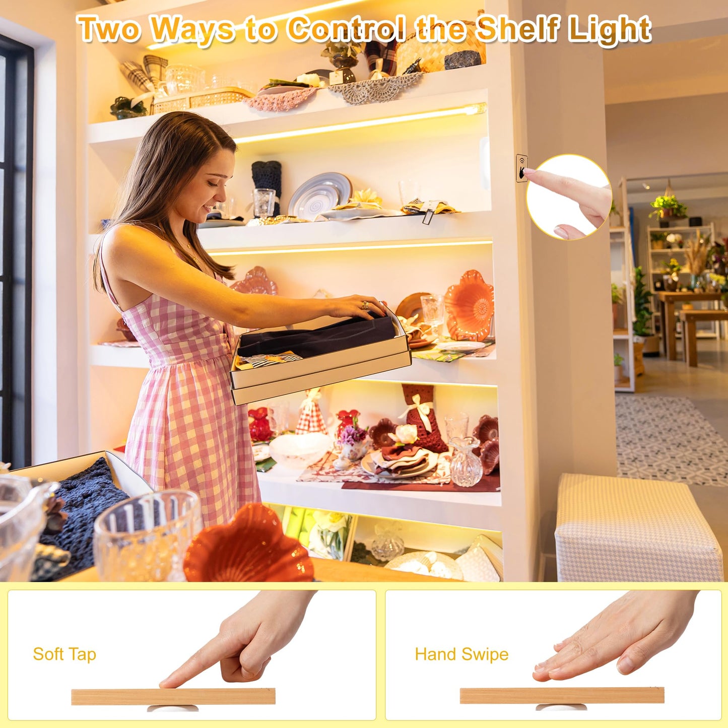 Martronic 16.4ft 3000K Shelf Sights, Plug-in Cut to Size COB LED Light Strip for 6 Shelves, Hand-Sweep Under Shelf Lighting for Pantry Bookshelf