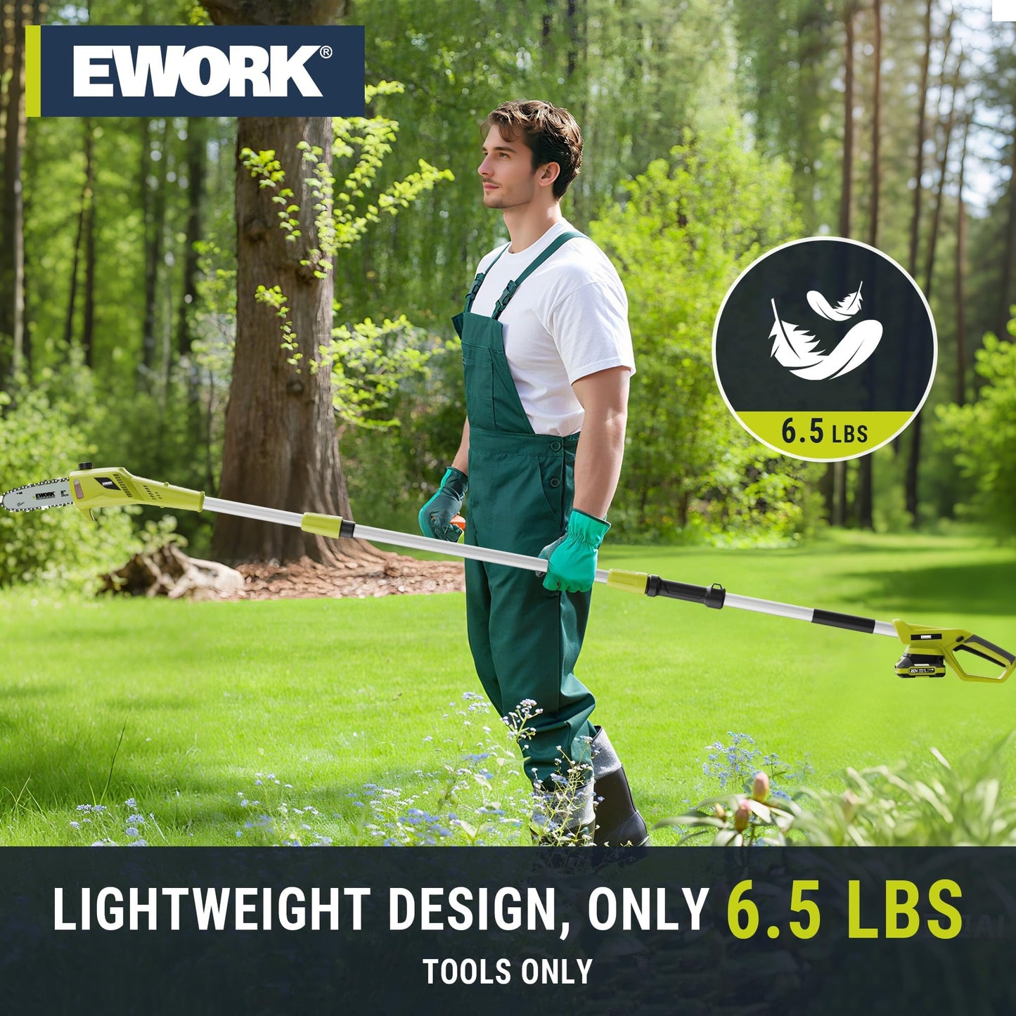 EWORK Electric Pole Saws for Tree Trimming 20V 8-Inch Cordless Pole Chainsaw 6.5 Lbs, Extension to 14.2-Ft, Auto Oiling Pole Saw Battery Powered with Battery & Fast Charger for Branch Pruning & Pruner