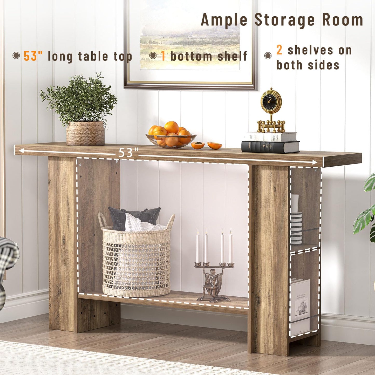 FOLUBAN 53 Inch Long Entryway Table, 2-Tier Wood Console Table with Storage Side Shelves, Farmhouse Sofa Table for Living Room, Narrow Hallway Foyer Table Behind Couch for Home Decor, Rustic Oak