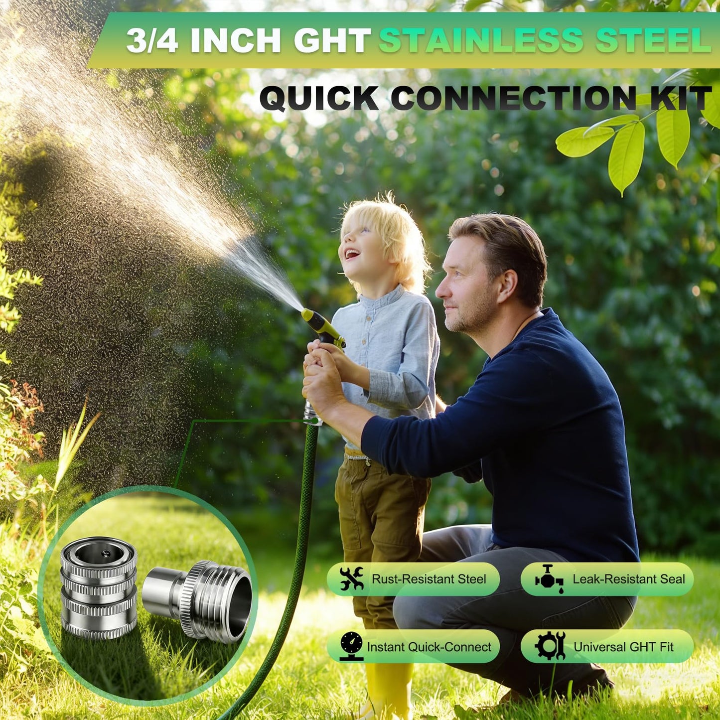 FISHFRUIT Stainless Steel Garden Hose Quick Connect Fittings Set, 3/4 Inch GHT Quick Connect Hose Fittings, Water Hose Quick Connect Fittings, Quick Release Connectors for Hoses and Sprayers (5PCS)