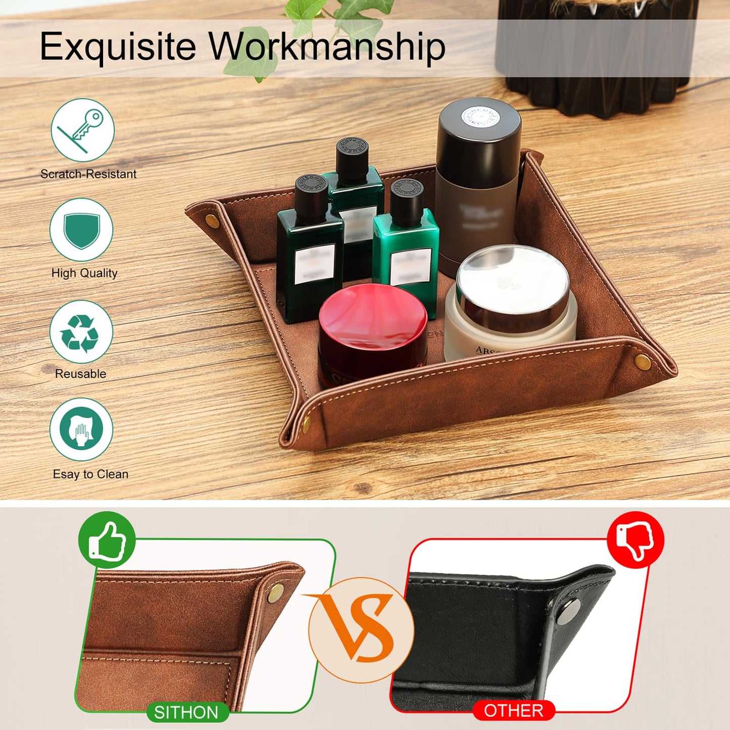 SITHON Valet Tray Desktop Storage Organizer – Premium PU Leather Catchall Bedside Vanity Tray Nightstand Caddy Holder for Keys, Phone, Wallet, Coin, Valentine's Day Gift, Brown