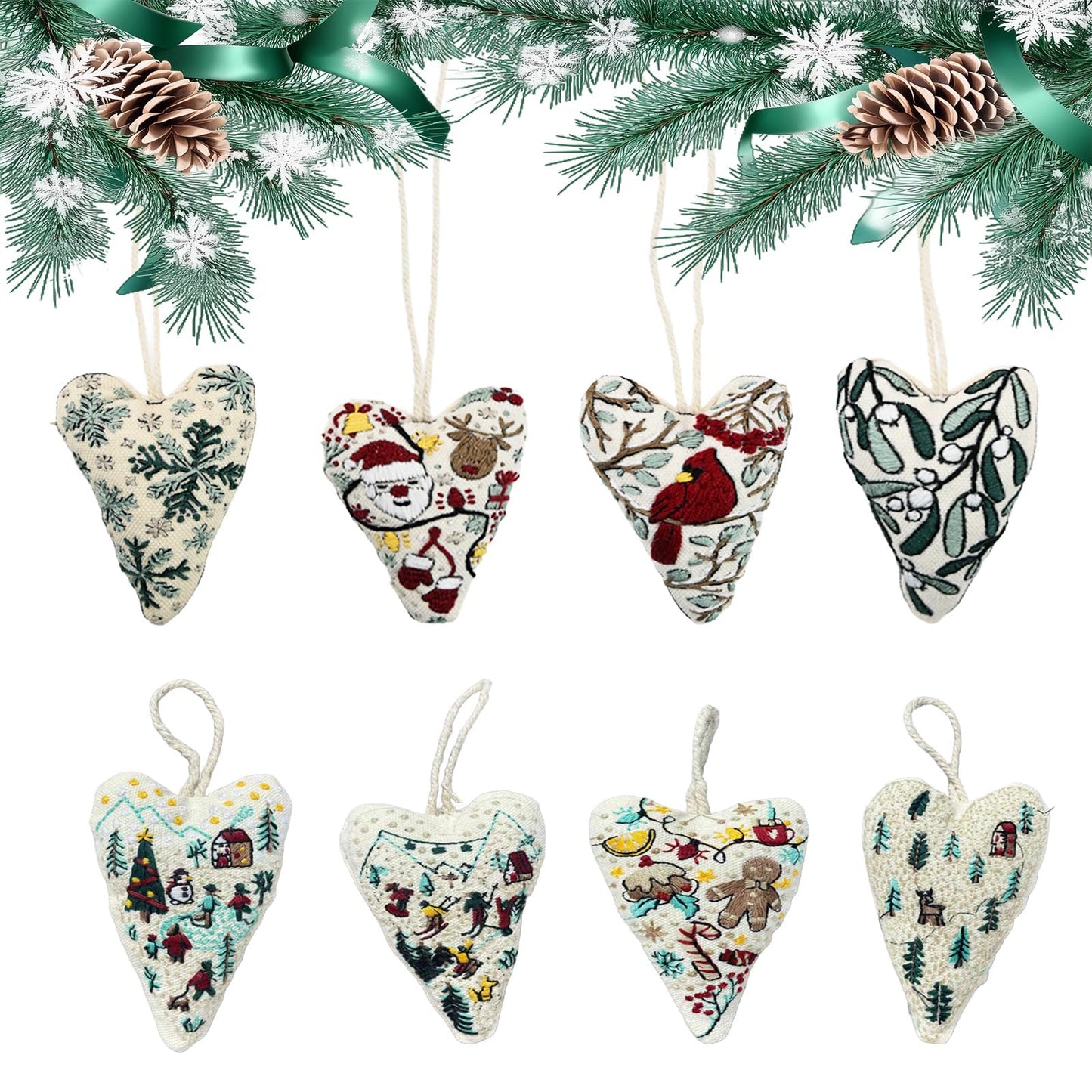 GDGJWL DIY Heart Shaped Hand Embroidered Christmas Ornament Kit Complete Craft Set with Pre-Printed Fabric Embroidery Thread Holiday Cross Stitch Decor for Beginners Adults and Home Decor (DIY)