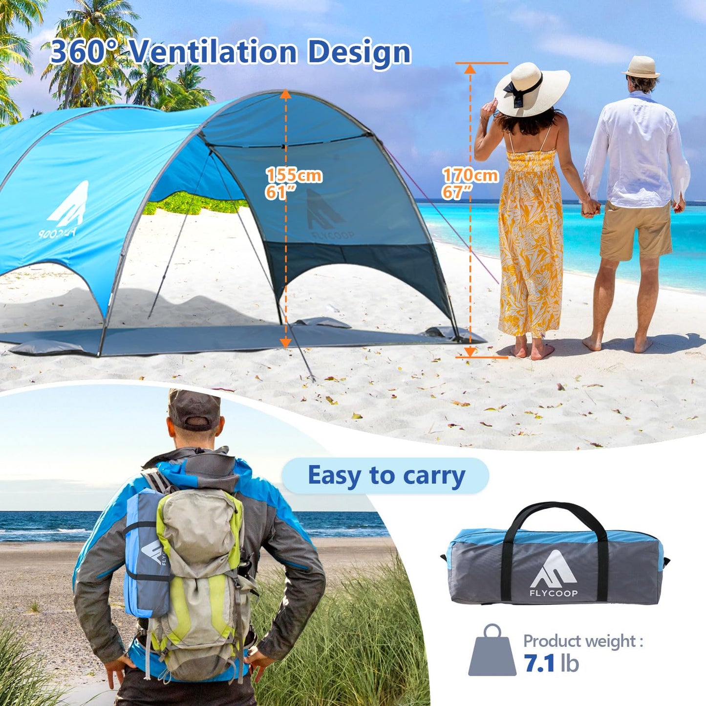 Flycoop 2026 Beach Tent with Floating Shade Sail – Portable & Ventilated Beach Umbrella Canopy with 360° Airflow, Dual Side Pockets & Extra Sun Coverage (3–4 People, 106 * 65 * 62"+75"*98" Sail)