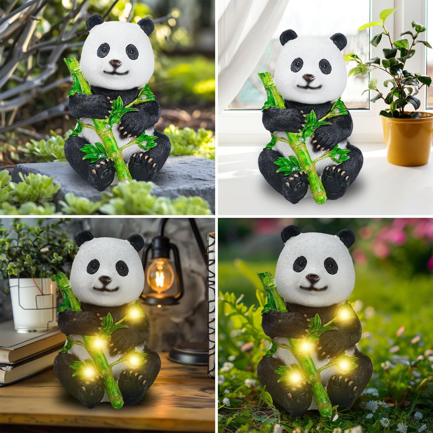 Tolatr Garden Panda Solar Lights Bamboo Statues Cute Sculptures Waterproof Resin for Indoor Outdoor Porch Patio Lawn Yard Decorations (Sitting)