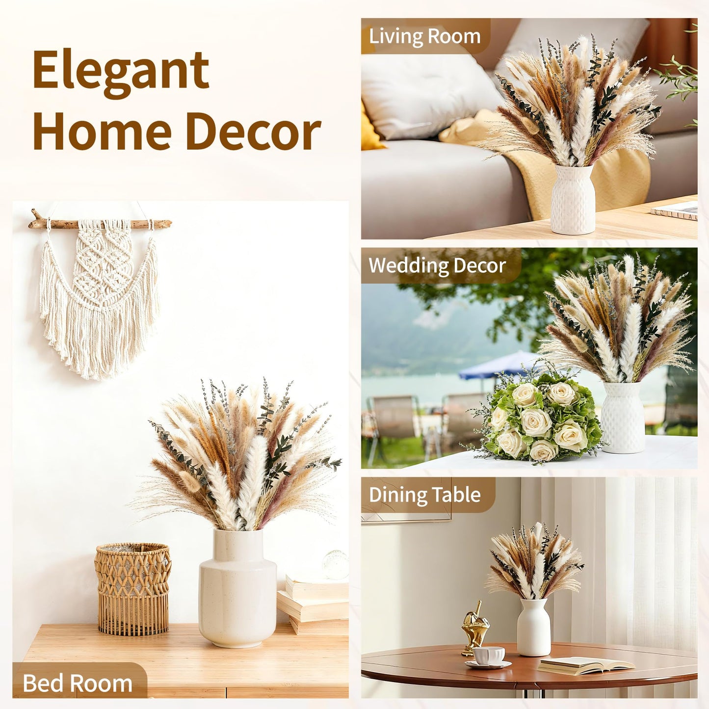 Bpole Dried Pampas Grass Bouquet - 92 Pcs 11-13 inch Pampas Grass Decor with Bunny Tails,Eucalyptus & Lavender Dried Boho Flowers for Vase Wedding Home Table Decor,Rustic Farmhouse Party