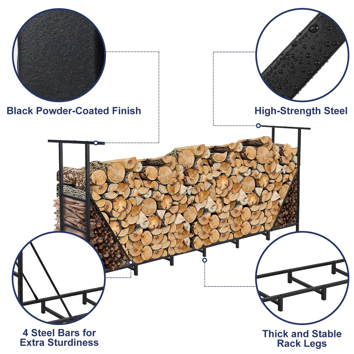 HONEST OUTFITTERS 8ft Firewood Rack Outdoor, Adjustable Heavy Duty Firewood Holder, Adjustable Wood Racks for Outdoor Indoor, Metal Log Racks for Firewood with Firewood Bag Carrier, Black