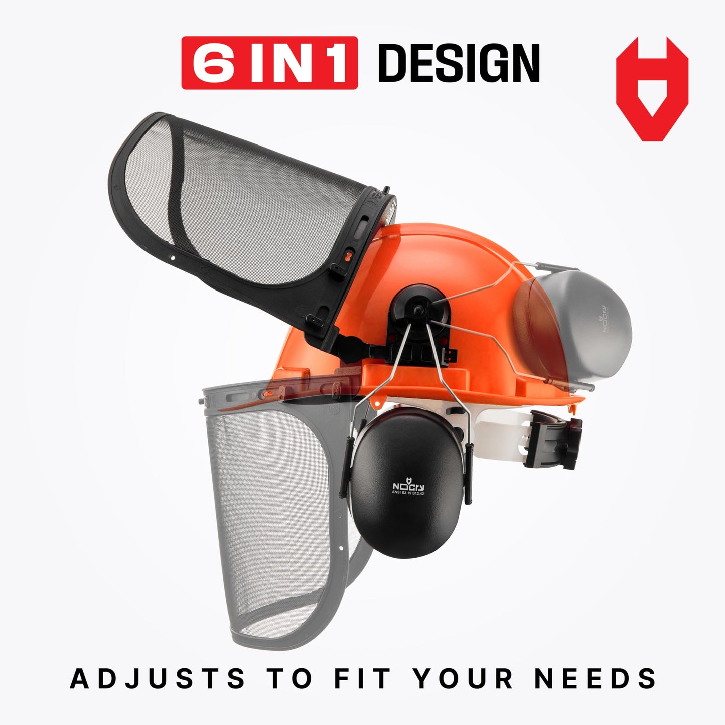 NoCry 6-in-1 Industrial Chainsaw Helmet with Face Shield and Ear Muffs — Mesh & Clear Plastic Visors Included — ANSI Z89.1 Certified — Adjustable Headgear — Ideal for Forestry and Arborist Work