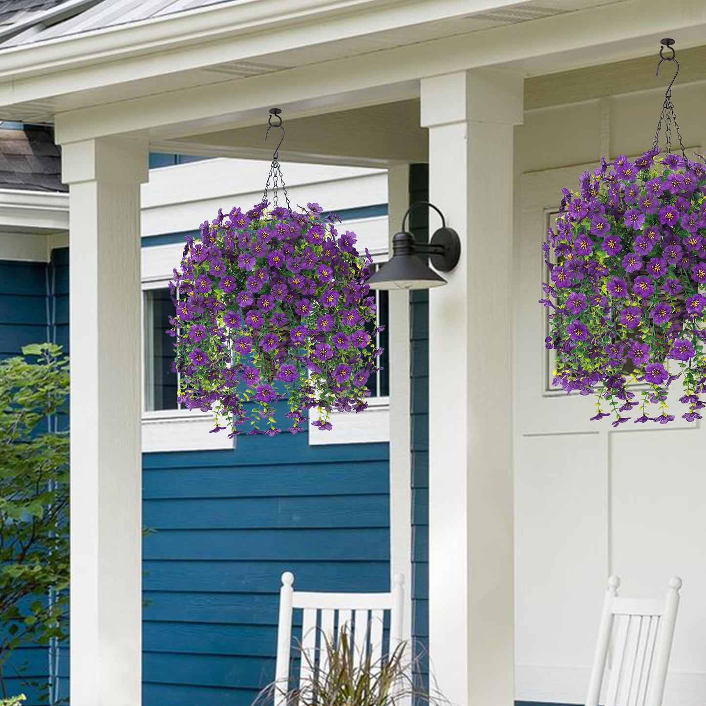 HyeFlora Artificial Hanging Flowers Basket for Outdoor, Fake Flowers Faux Plants Look Real for Yard Gardens Porch Patio Home (Darkpurple)