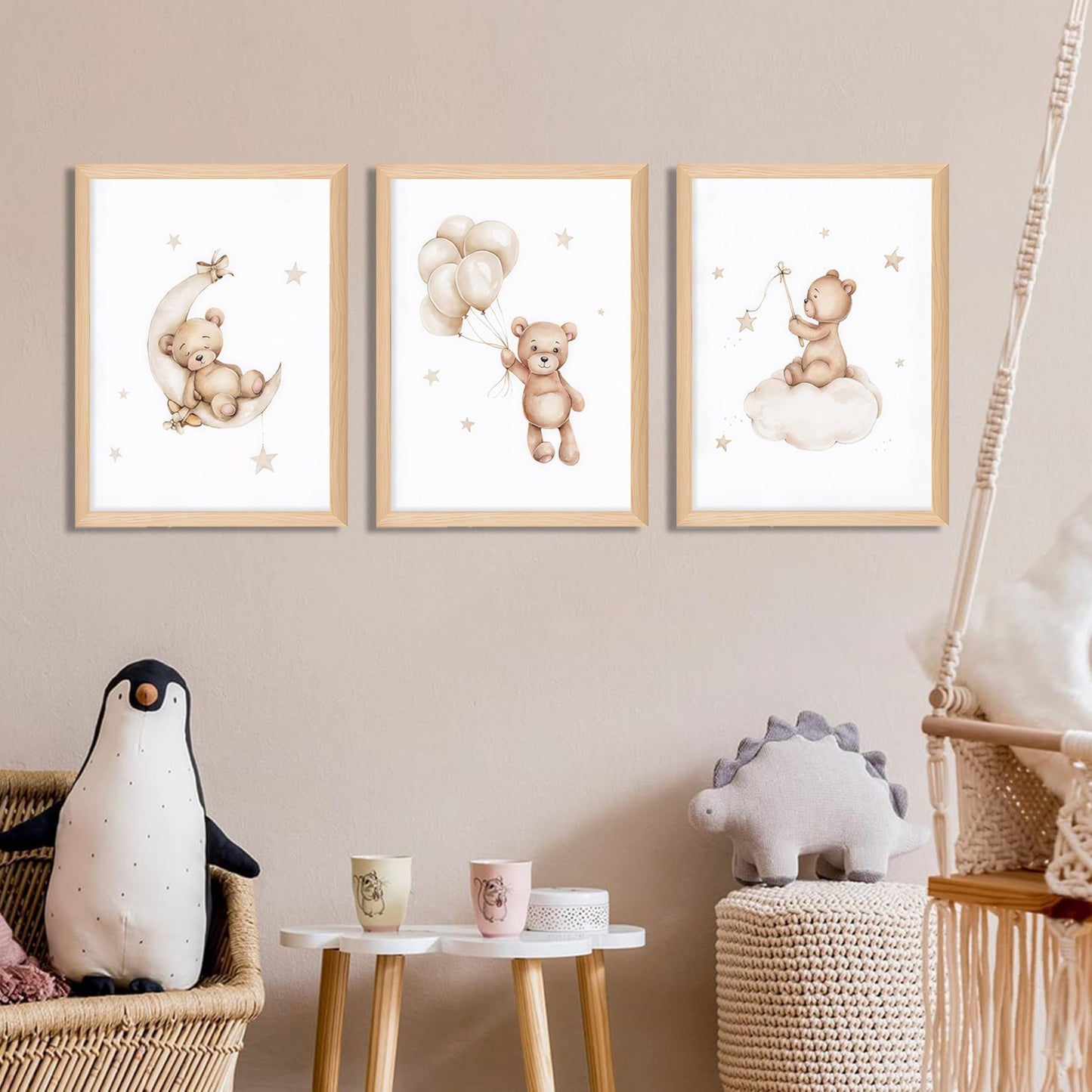 Framed Teddy Bear Wall Art Nursery Decor Set of 3, Bear Sleeping on The Moon and Stars Pictures Canvas, Neutral Bears Poster Prints Wall Decor for Kids Baby Room Girls Children Room – 12x16 inch