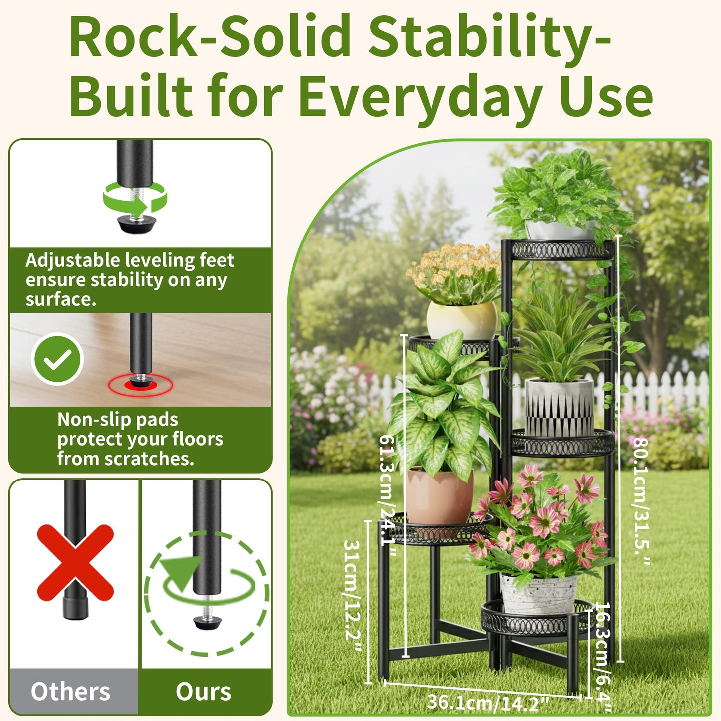 NQW Plant Stand Indoor Outdoor, 5 Tier Corner Metal Flower Display Holder Stand, Folding Tall Plant Rack for Patio Balcony Porch Garden Living Room House, Heavy Duty Wrought Iron Plant Shelf - BlackFlower