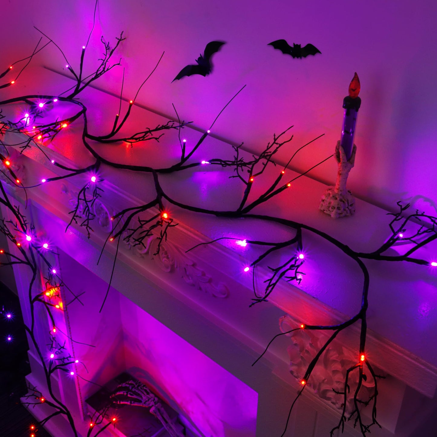 9FT 72 LED Willow Vine Twig Decorations Black Halloween Garland with Orange & Purple Light, 8 Modes Battery Operated Halloween Lights Indoor for Mantle Fireplack Table Home Office Room Party Decor