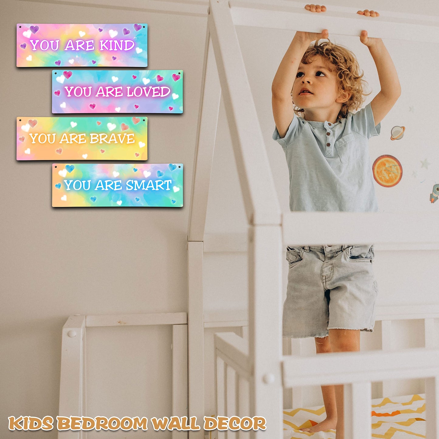 4 Pieces Tie Dye Decor Kids Room Wall Decor Wooden Sign - Motivational Wall Art For Kids Room Nursery Playroom Classroom - You Are Loved Brave Kind Smart(Sign-04)
